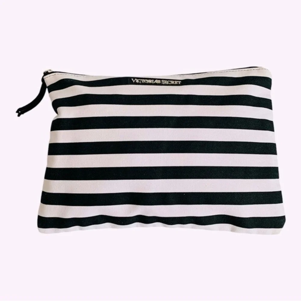 Victoria’s Secret Striped Canvas Duffel Tote Bag Black White Pink NWT